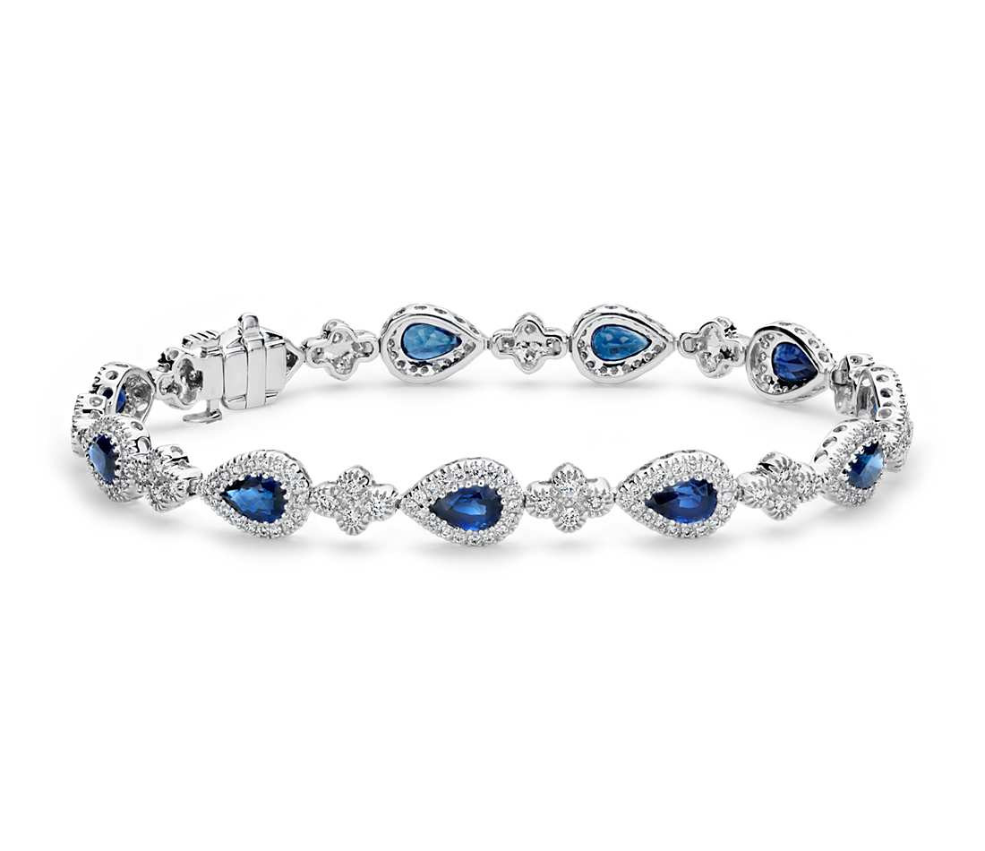 Sapphire And Diamond Bracelet
 Sapphire and Pavé Diamond Halo Bracelet in 18k White Gold