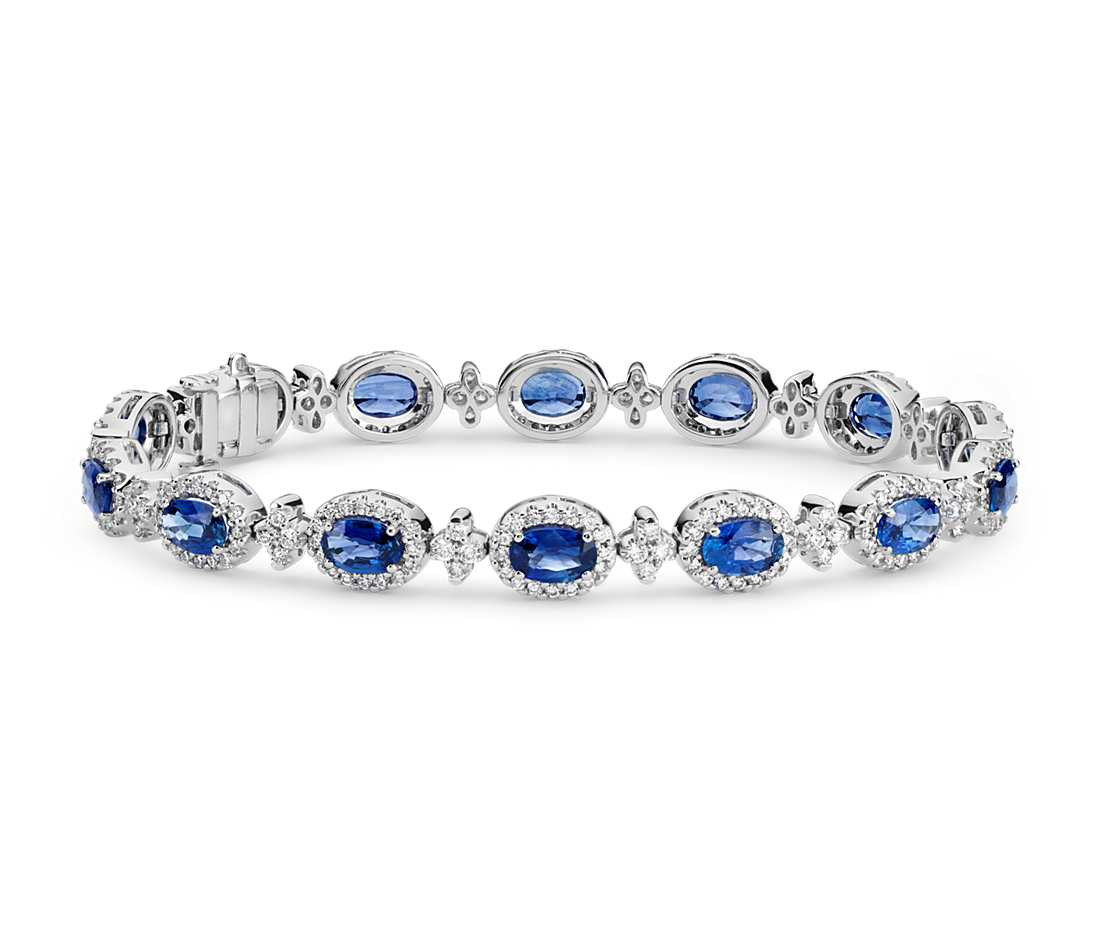 Sapphire And Diamond Bracelet
 Oval Sapphire and Pavé Diamond Halo Bracelet in 18k White