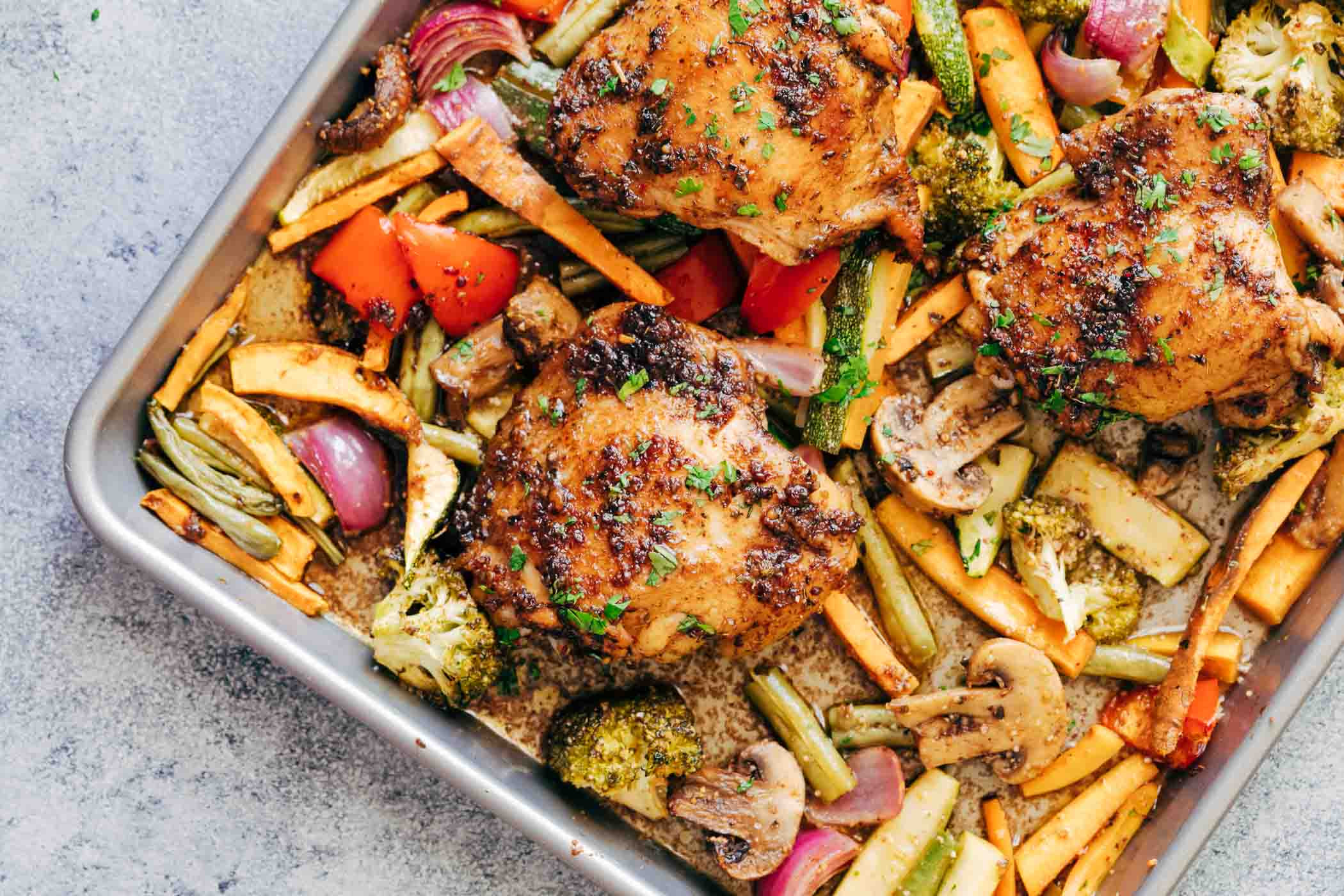 Sheet Pan Chicken Thighs And Vegetables
 Sheet Pan Honey Balsamic Chicken Thighs with Veggies