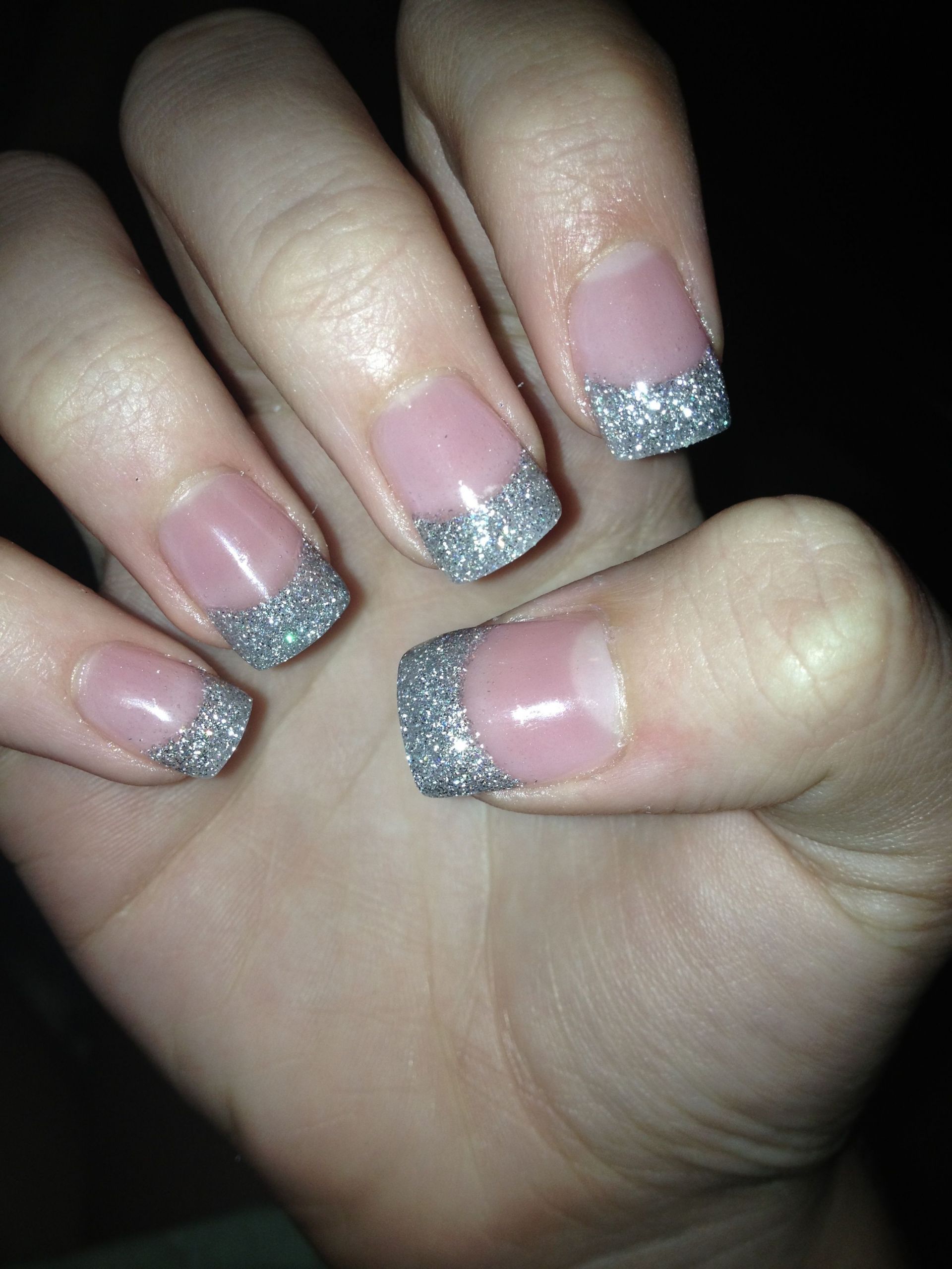 Silver Glitter Tips Nails
 Acrylic silver glitter french tips