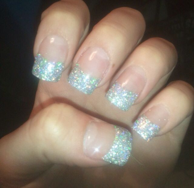 Silver Glitter Tips Nails
 Silver glitter French tip acrylic nails
