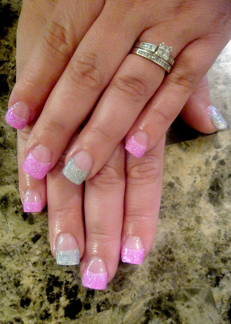 Silver Glitter Tips Nails
 acrylic glitter tips by Nails by Stefanie Abila pink and