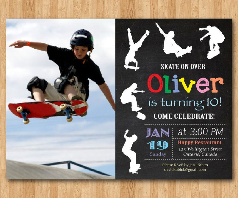 Skateboard Birthday Party
 Skateboard Birthday Invitation Boy Skating Theme Party