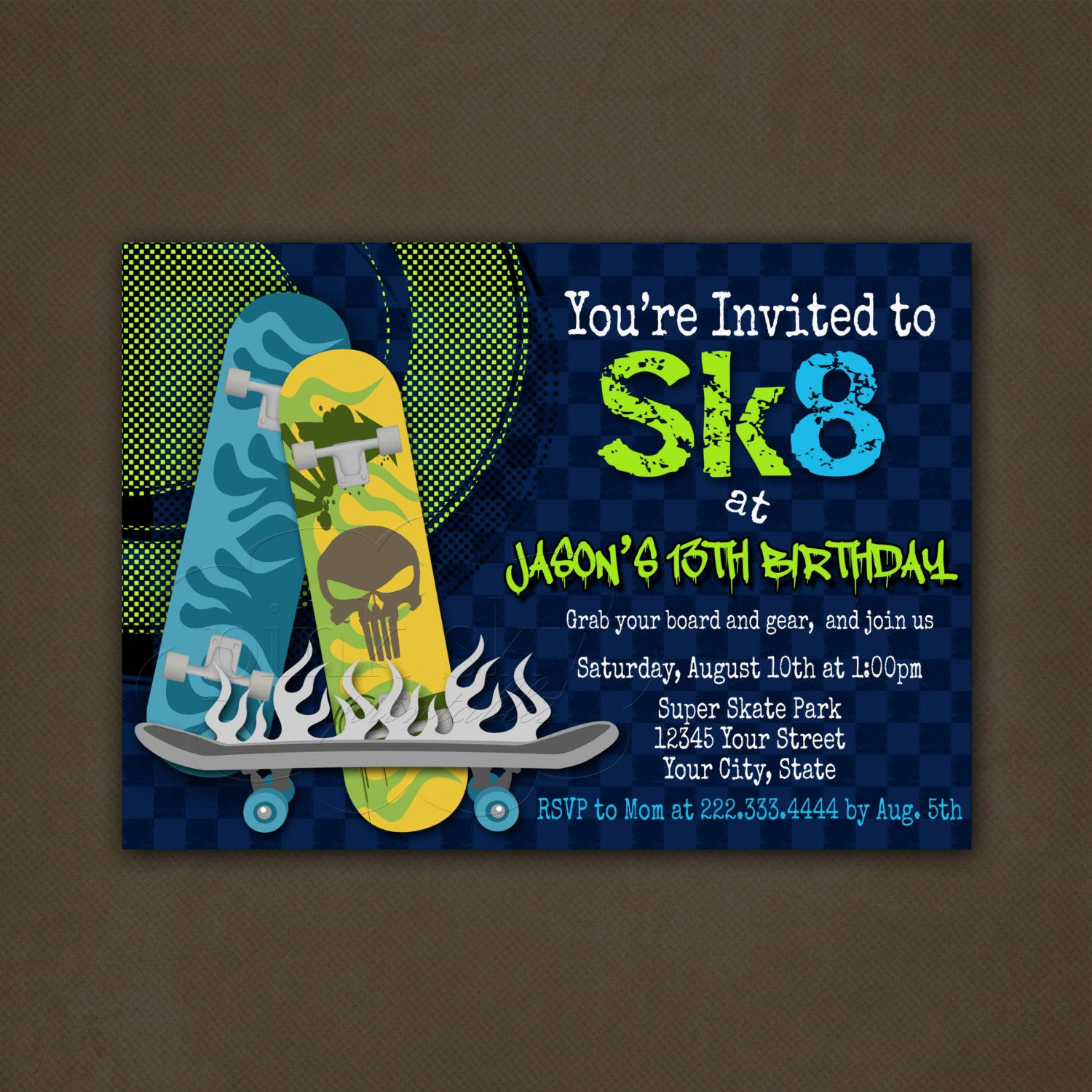 Skateboard Birthday Party
 Skateboard Birthday Party Invitations Printable File SK8