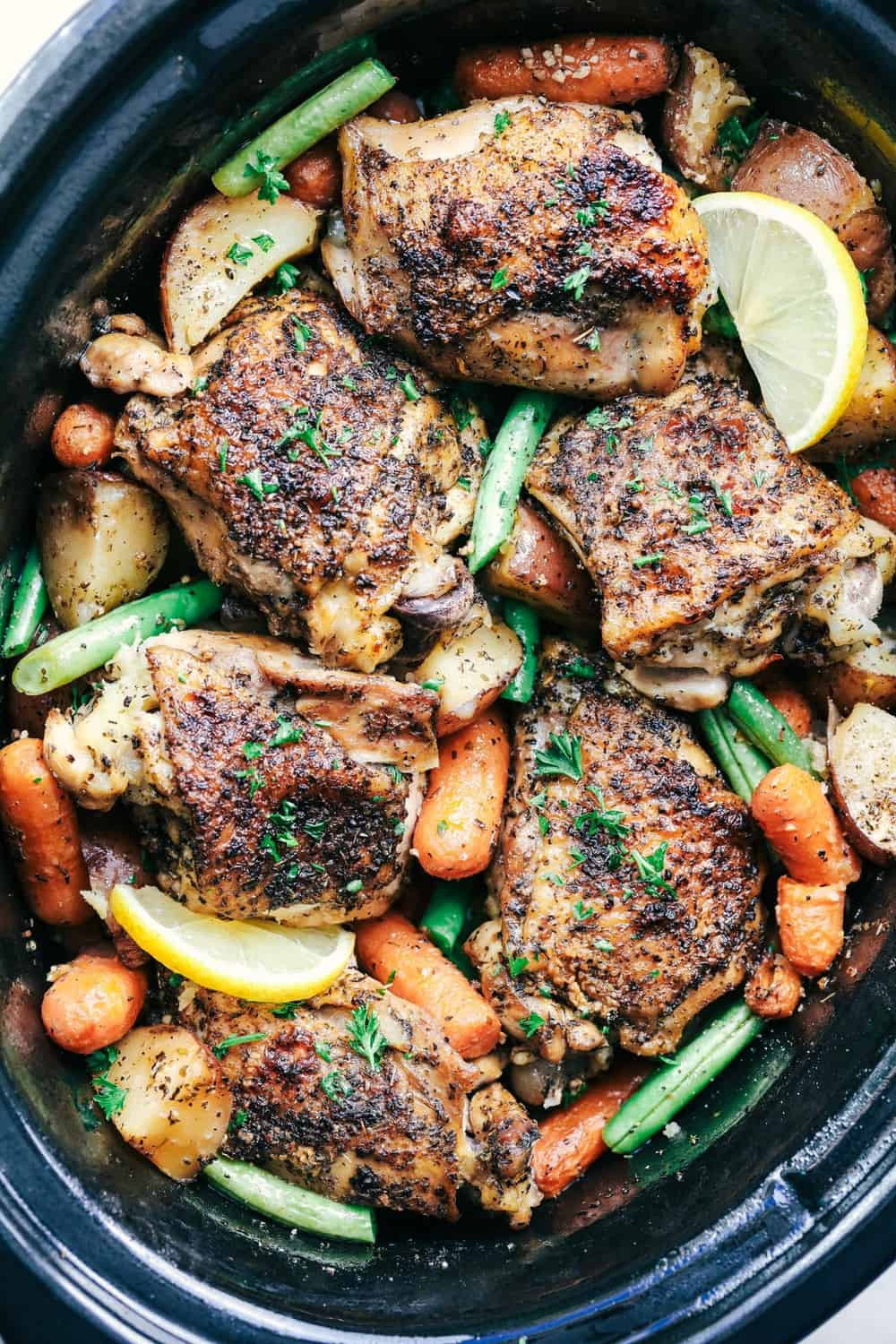 Slow Baked Chicken Thighs
 Slow Cooker Lemon Garlic Chicken Thighs and Veggies