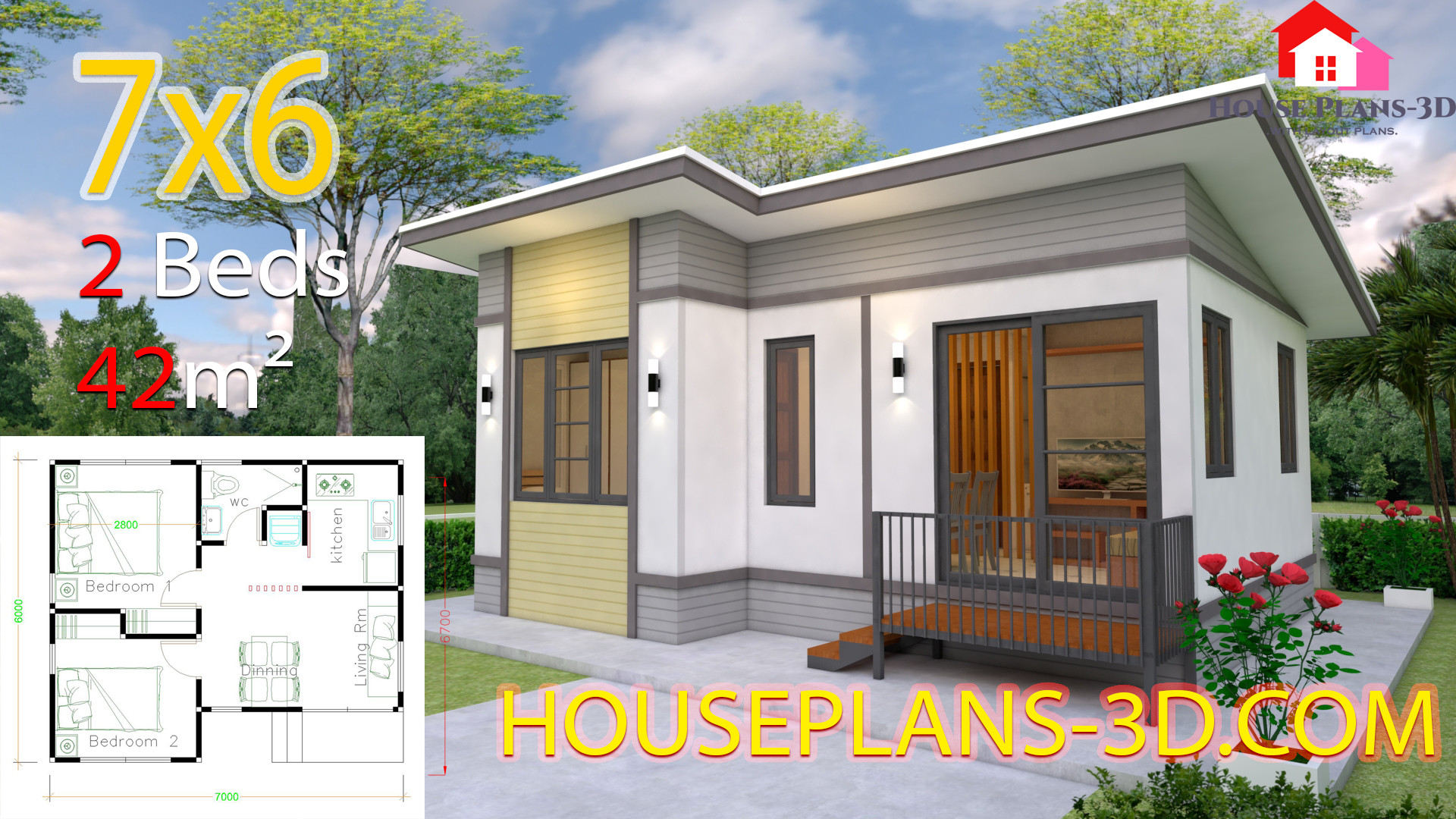 Small 2 Bedroom House
 Small House plans 7x6 with 2 Bedrooms House Plans 3D