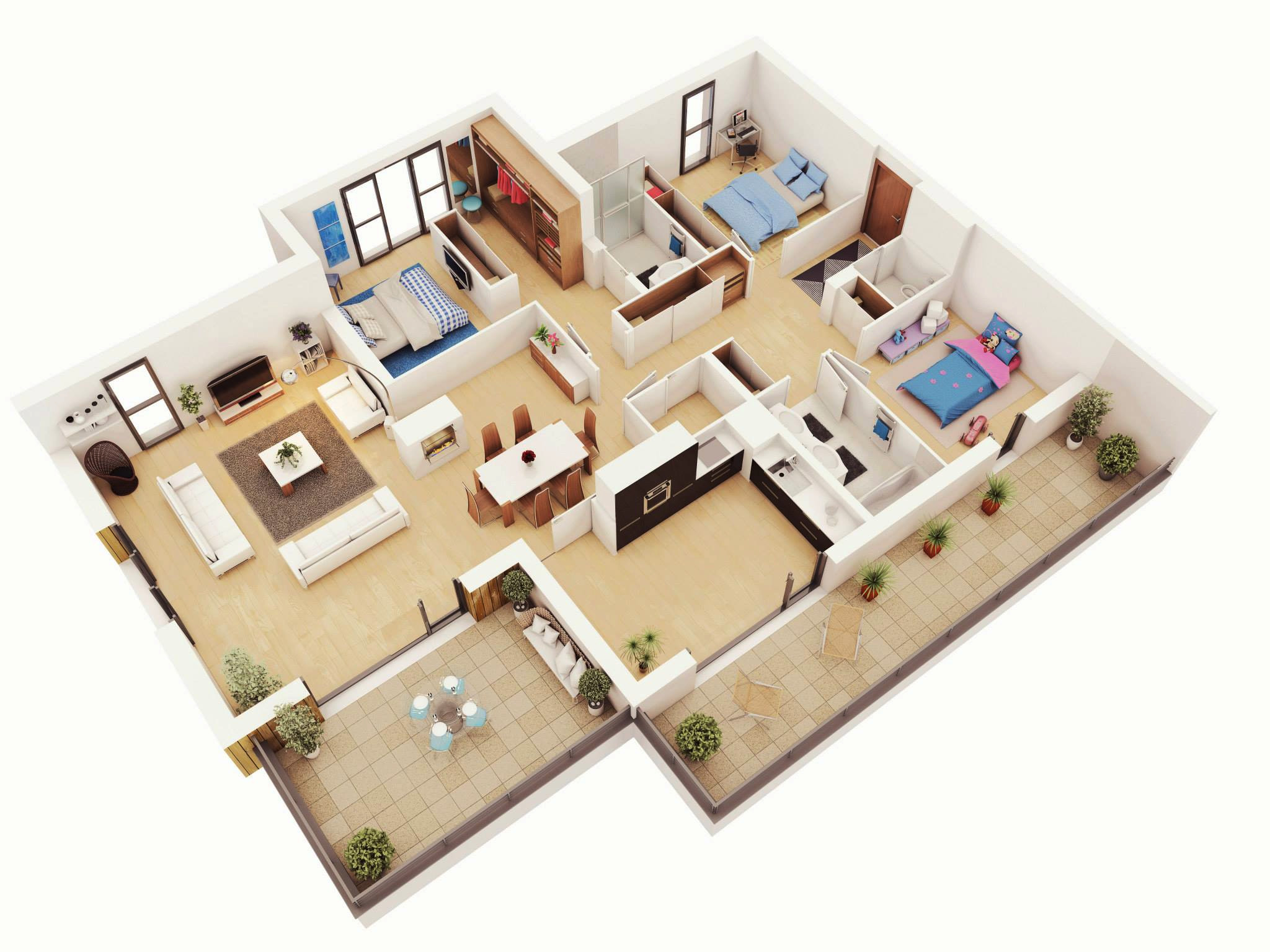 Small 3 Bedroom House
 25 More 3 Bedroom 3D Floor Plans