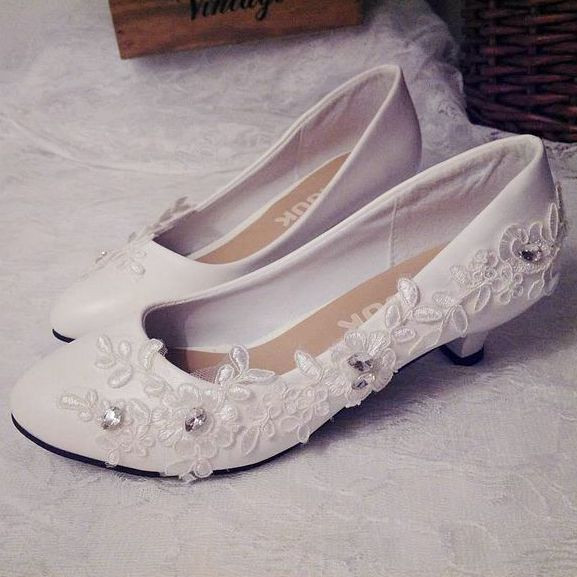 Small Heel Wedding Shoes
 Small low heel white lace crystal wedding shoes bride