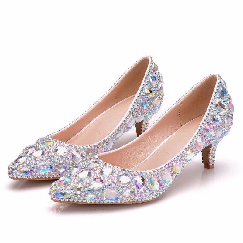 Small Heel Wedding Shoes
 2019 Luxurious Pumps Wedding Shoes White Rhinestone Bride