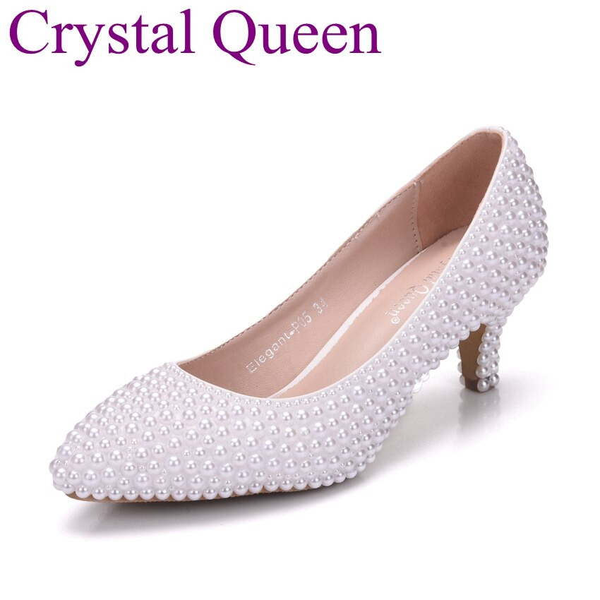 Small Heel Wedding Shoes
 Crystal Queen Pearls pumps wedding shoes full pearls bride