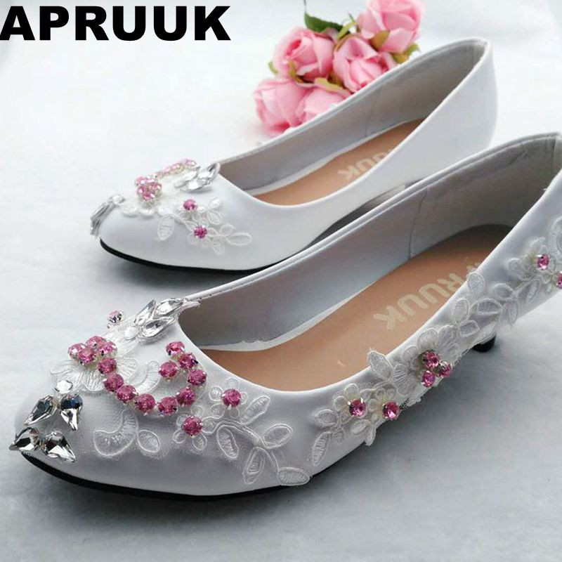 Small Heel Wedding Shoes
 Pink crystal rhinestones wedding shoes bride white lace