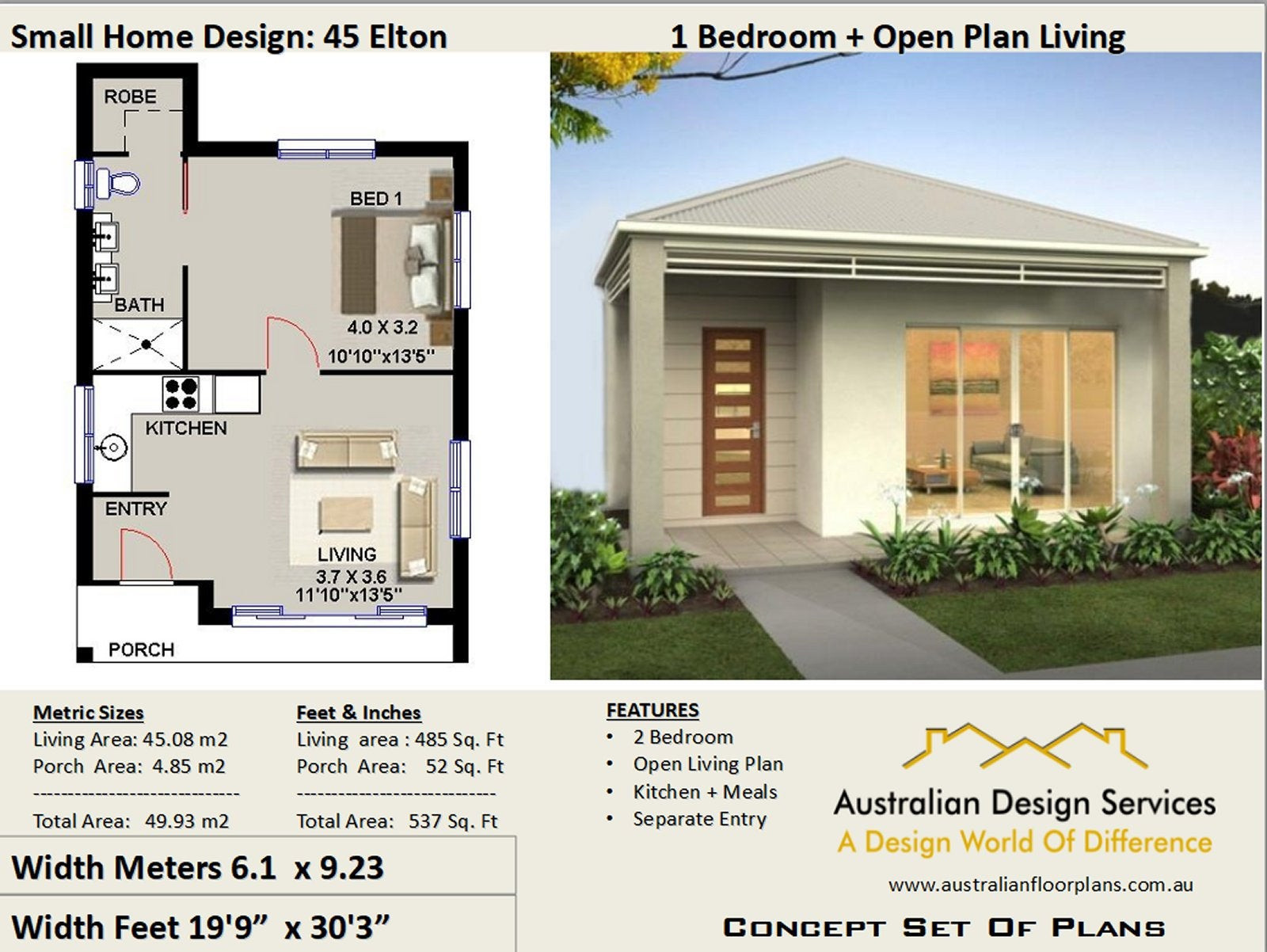 Small One Bedroom House Plans
 Small House Plan 45 Elton 537 Sq Foot 45 93 m2 1 Bedroom