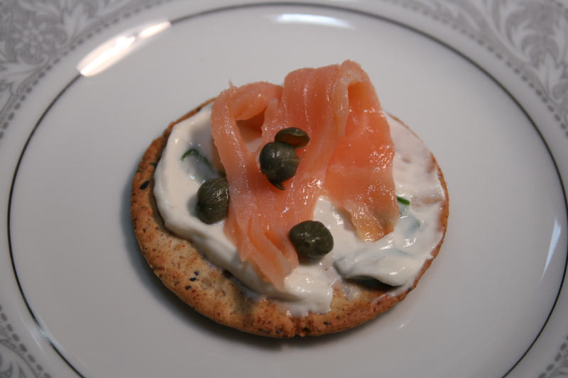 Smoked Salmon And Crackers Appetizer
 Cracker Topped with Yogurt Cheese Smoked Salmon and