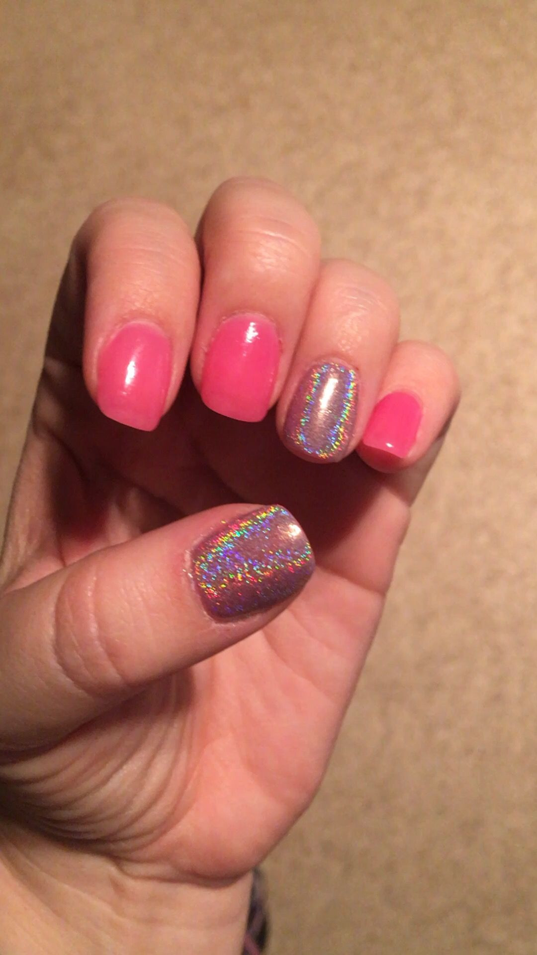 Sns Nail Designs
 Pink SNS nails with accent rainbow holographic nails