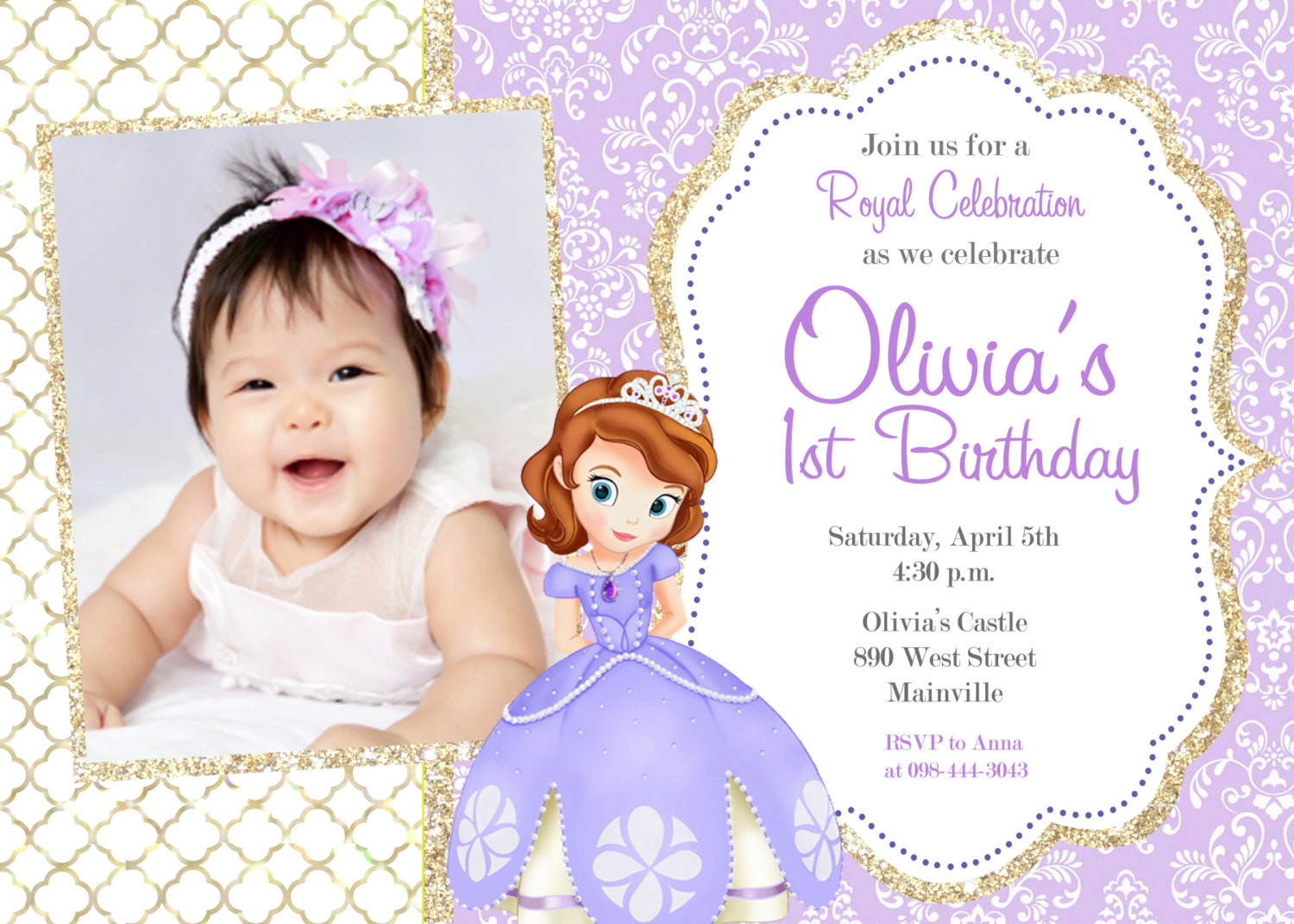 Sofia Birthday Invitations
 Sofia the First Birthday Party Invitation Digital File