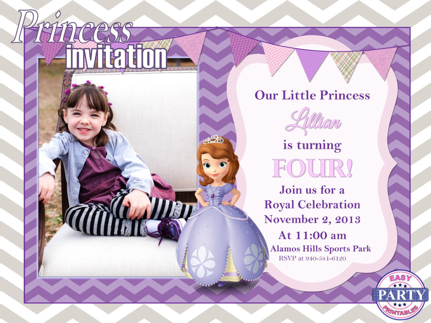 Sofia Birthday Invitations
 Sofia the First Personalized birthday invitation purple