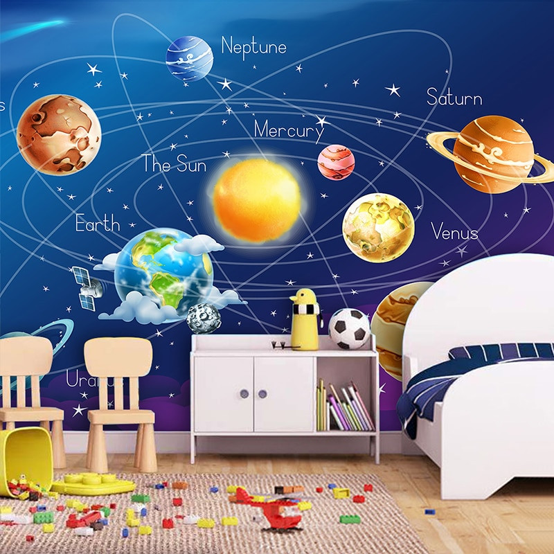 Solar System For Kids Room
 Custom Mural Wallpaper 3D Cartoon Planet Solar System