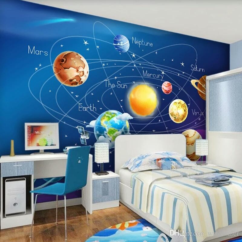 Solar System For Kids Room
 Custom Mural Wallpaper 3D Cartoon Planet Solar System