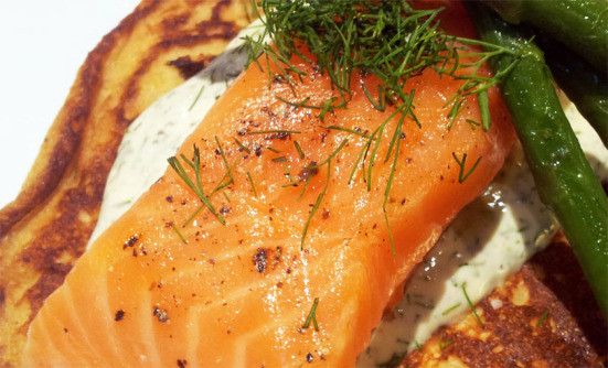 Sous Vide Smoked Salmon
 Sous vide smoked salmon with really big blinis
