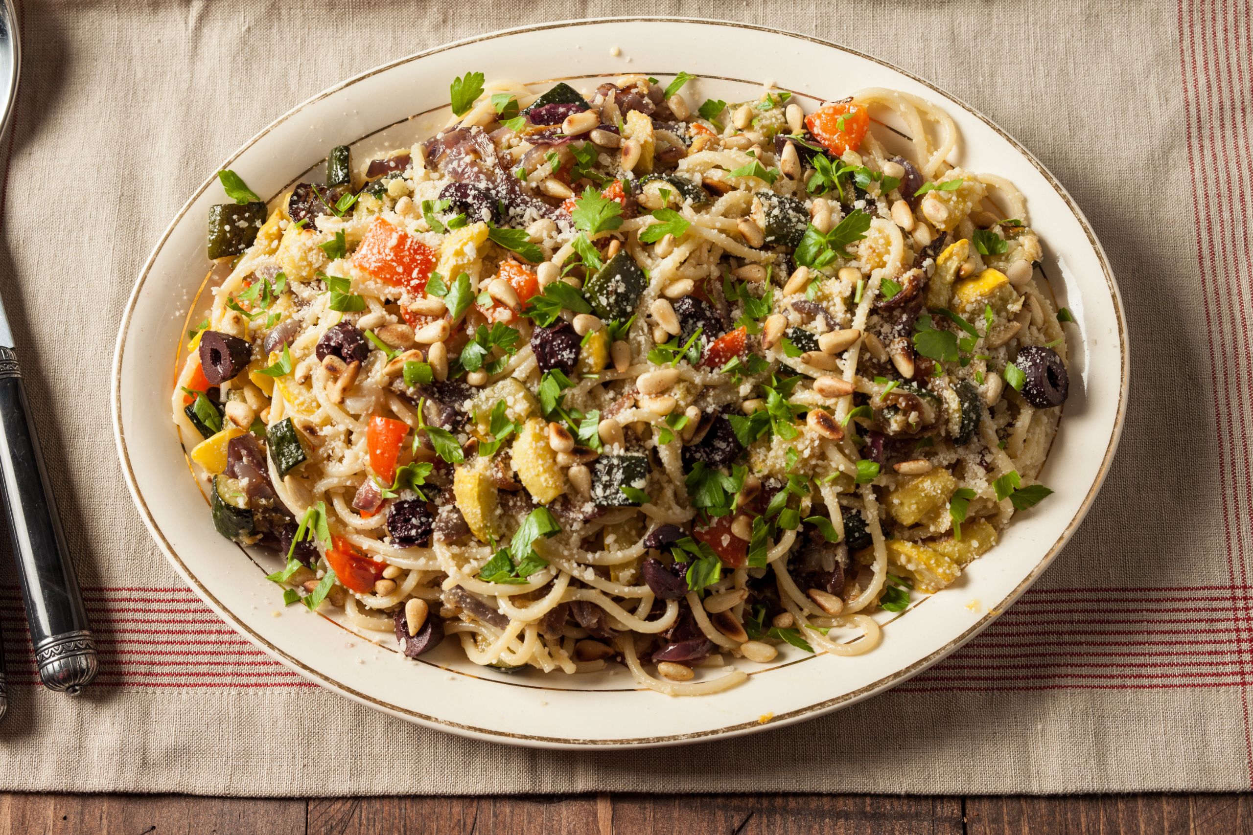 Spaghetti With Vegetables
 Spaghetti With Roasted Ve ables Pine Nuts and Olives