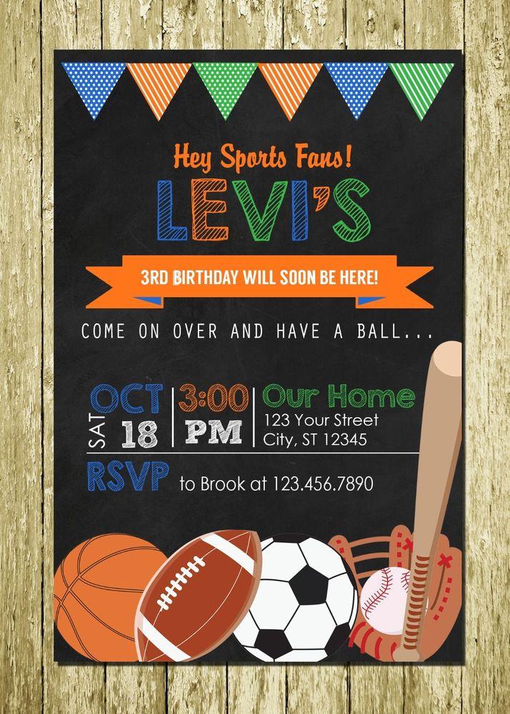 Sports Themed Birthday Invitations
 Sports Theme Personalized Printed Chalkboard Birthday