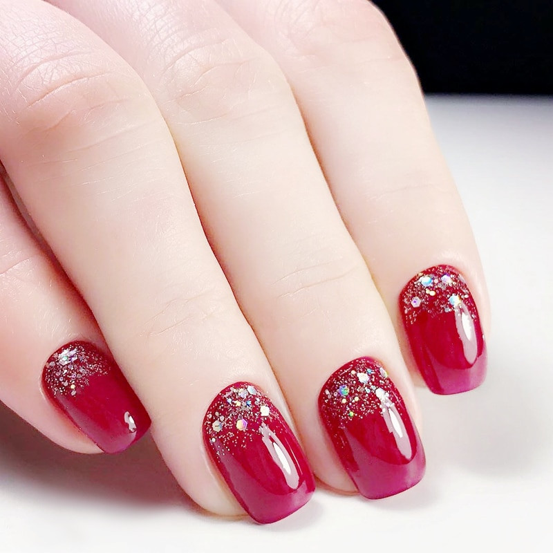 Square Glitter Nails
 Top Quality Charming Red Fake Nail With Glitter 24pcs set