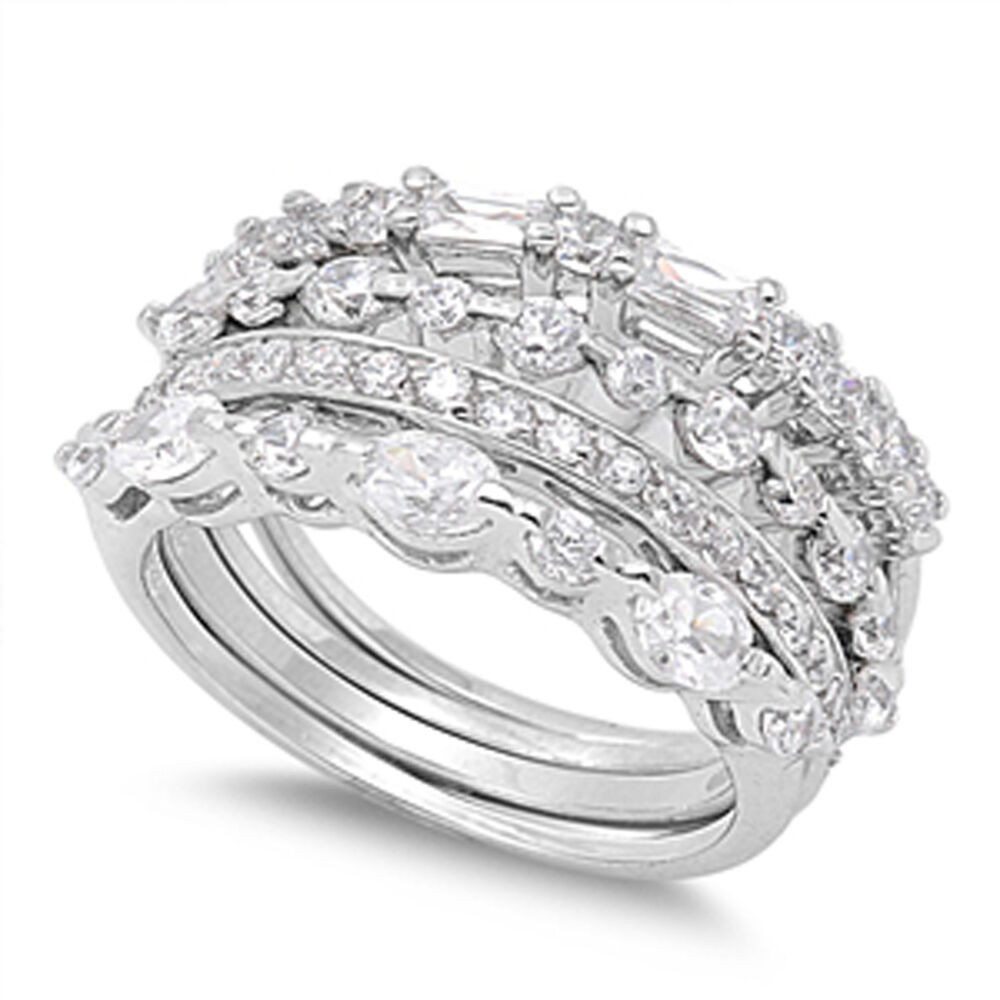 Stacked Wedding Rings Set
 Stackable Wedding Set Clear CZ Unique Ring 925 Sterling