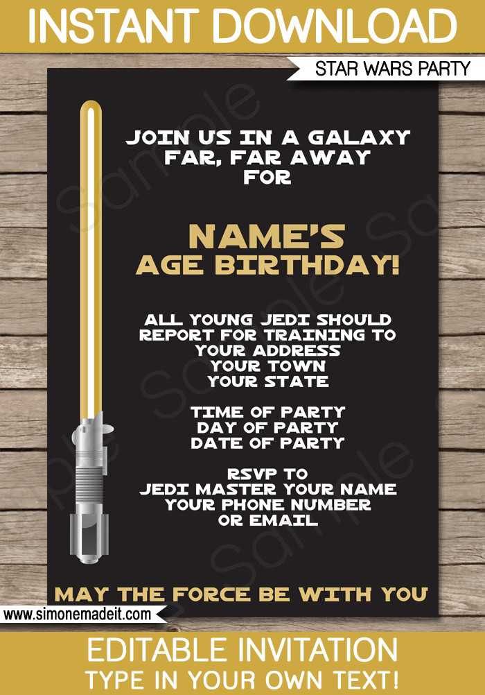 Star Wars Birthday Invitations Printable
 Gold Star Wars Invitations Editable Template