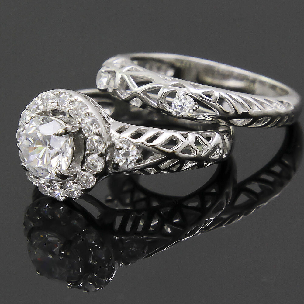 Sterling Silver Diamond Wedding Ring Sets
 Womens Sterling Silver Solitaire Sim Diamond Halo Wedding
