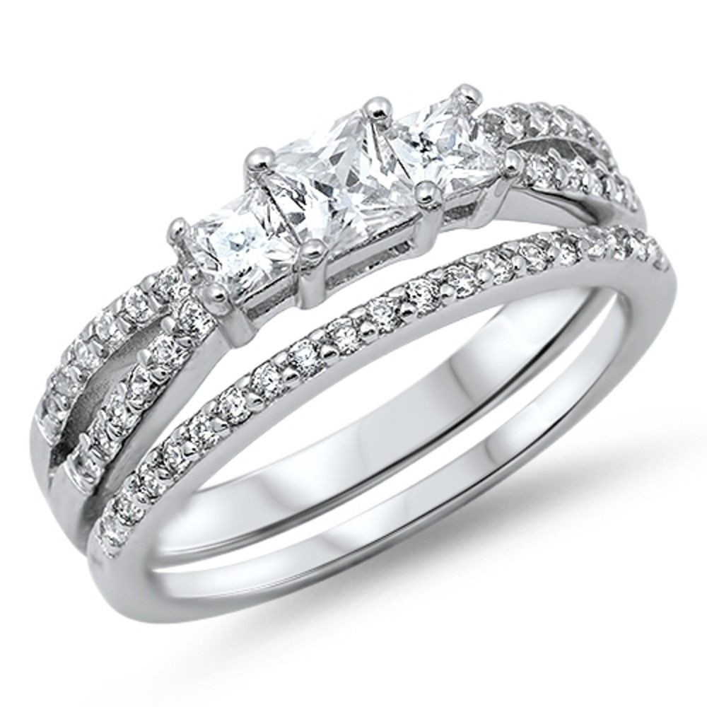 Sterling Silver Diamond Wedding Ring Sets
 Sterling Silver 3 Stone Clear Princess Cut Simulated