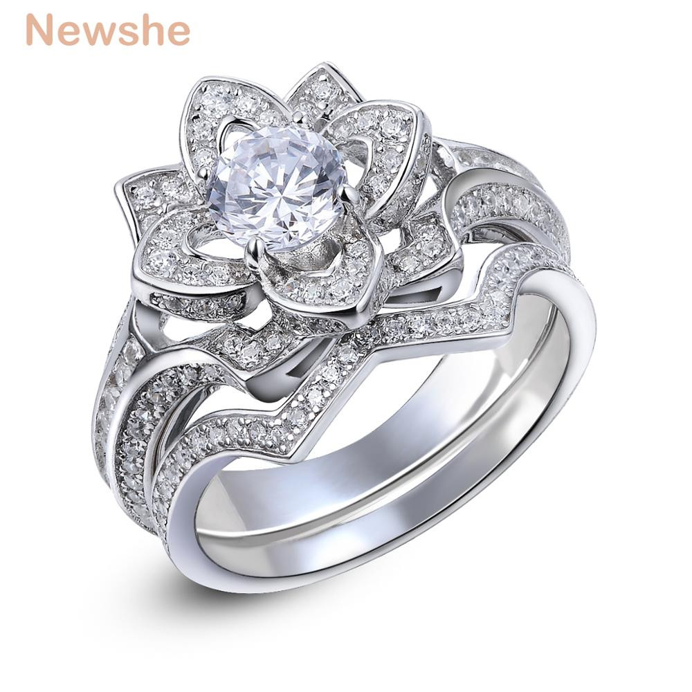 Sterling Silver Wedding Ring Sets
 Newshe 2 2 Ct Flower Wedding Ring Set Solid 925 Sterling