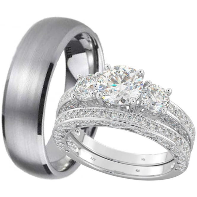 Sterling Silver Wedding Ring Sets
 New His And Hers Titanium 925 Sterling Silver Wedding