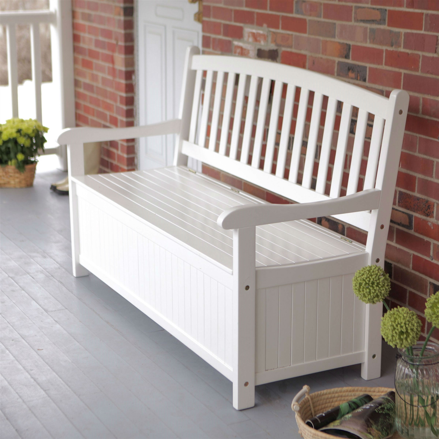 Storage Bench Deck Box
 White Wood 4 Ft Outdoor Patio Garden Bench Deck Box with