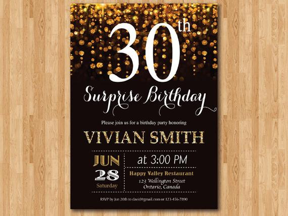 Surprise 30th Birthday Invitations
 Surprise 30th birthday invitation Thirty and fabulous Gold