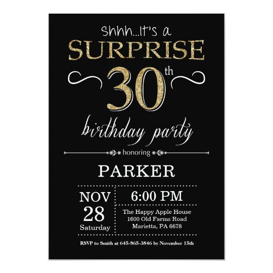 Surprise 30th Birthday Invitations
 Surprise 30th Birthday Invitation Black and Gold