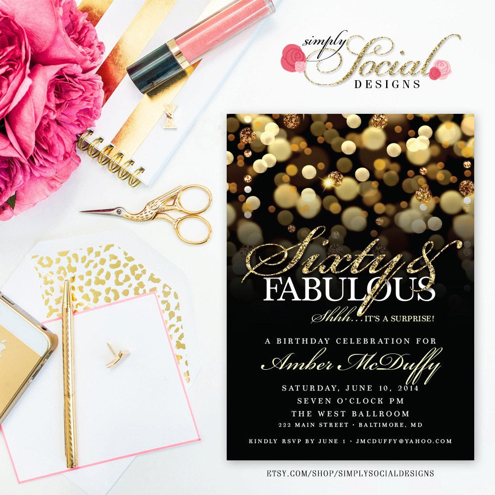 Surprise 60th Birthday Party Invitations
 Surprise 60th Birthday Party Invitation with Gold Glitter