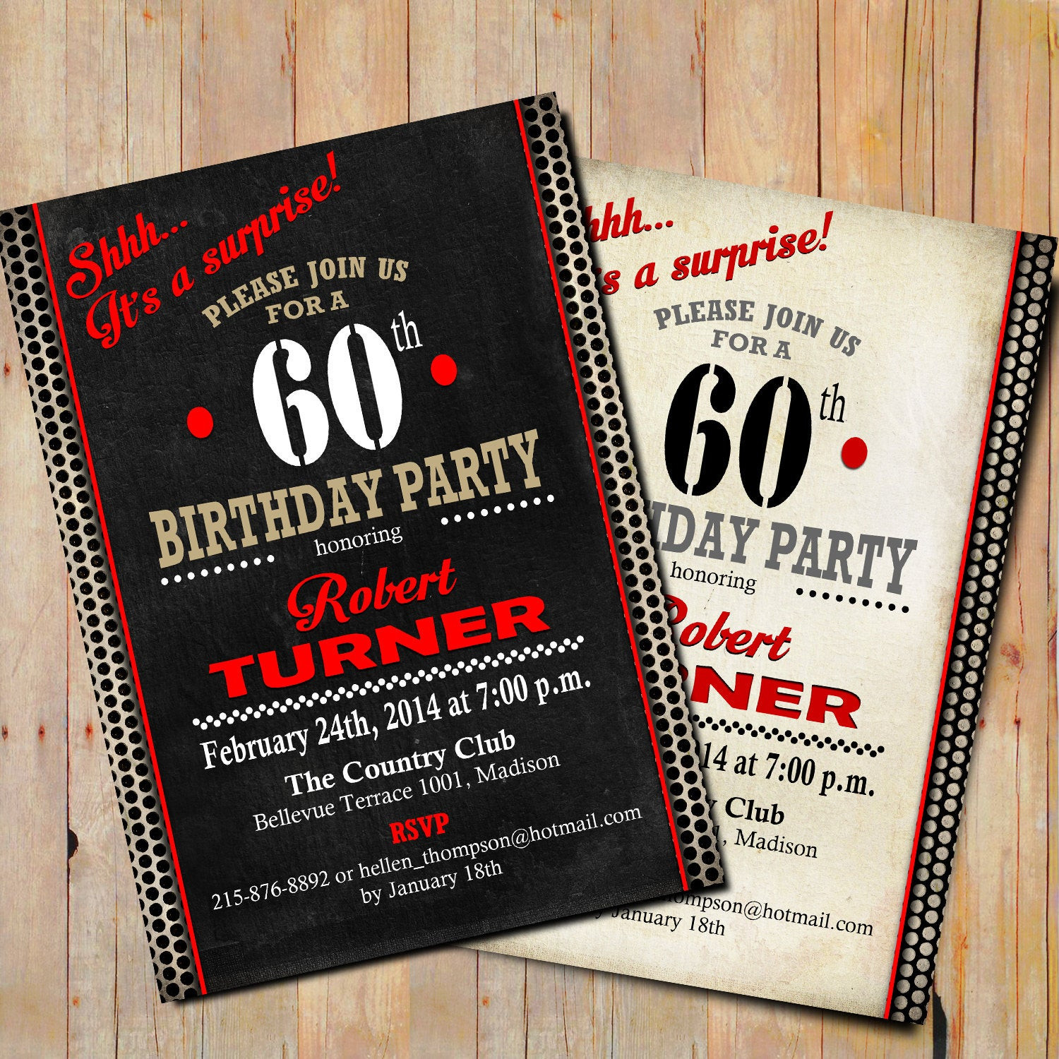 Surprise 60th Birthday Party Invitations
 Surprise 60th Birthday Invitation Any Age Black White Red