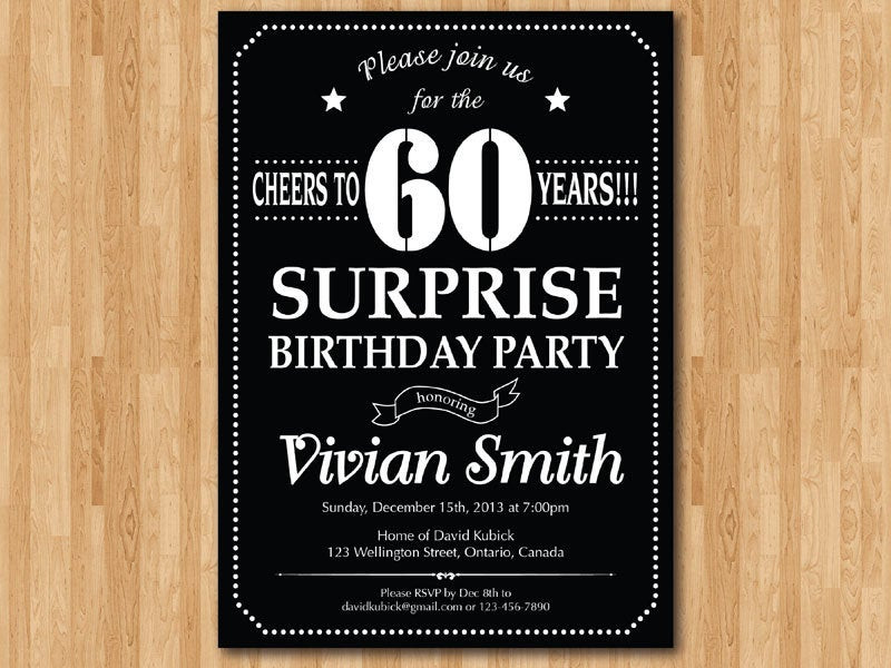 Surprise 60th Birthday Party Invitations
 Surprise 60th birthday invitation Chalkboard Birthday Party