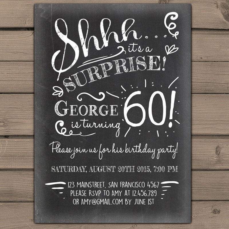 Surprise 60th Birthday Party Invitations
 Surprise 60th birthday invitation Chalkboard invitation