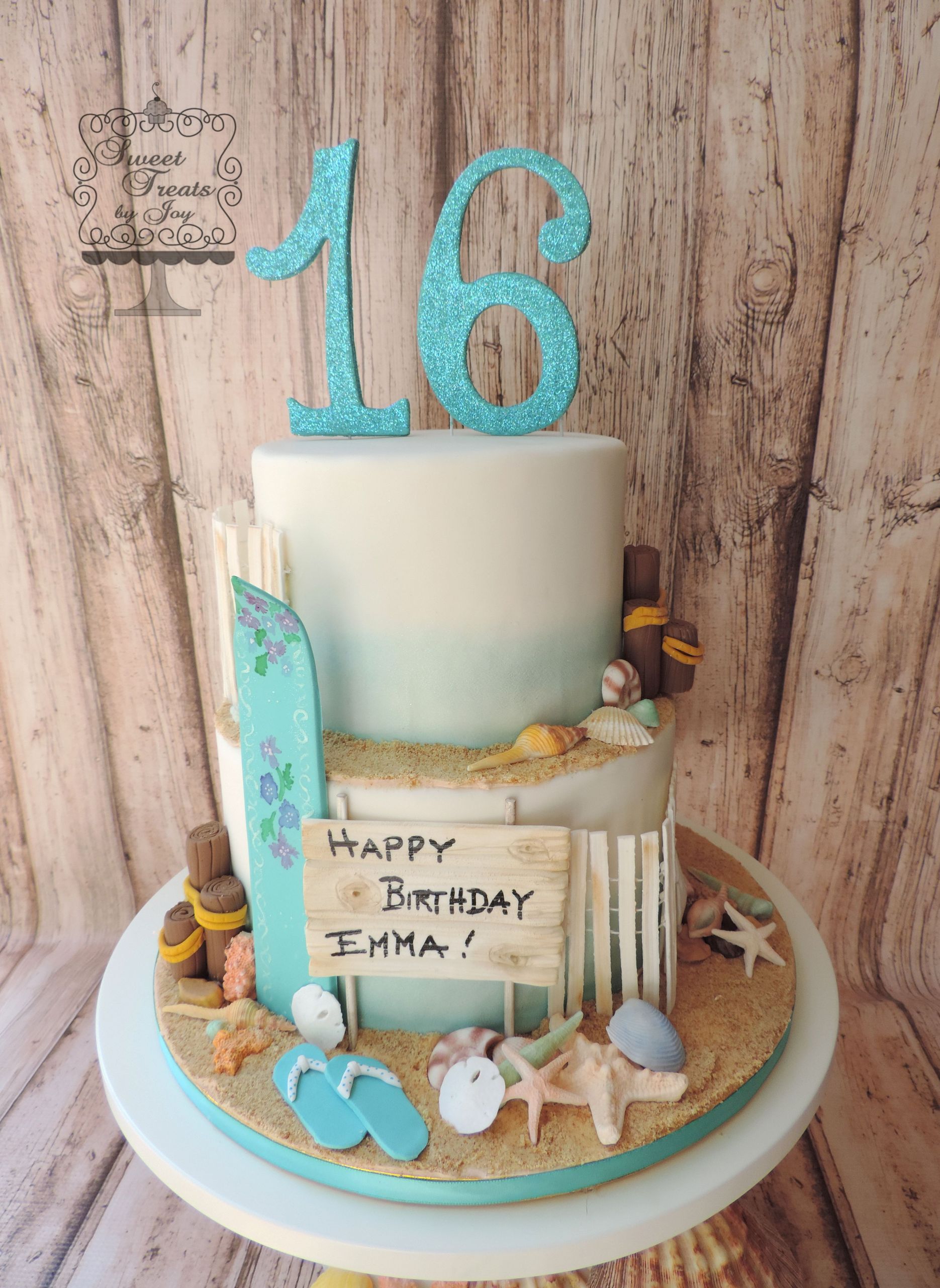 Sweet 16 Birthday Pool Party Ideas
 Beach cake for Sweet 16 birthday Surfboard shells and