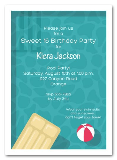 Sweet 16 Birthday Pool Party Ideas
 Sweet Sixteen Cool Pool Swimming Party Invitations