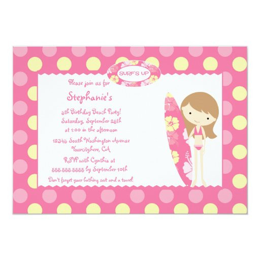 Swimming Birthday Party Invitations
 Pink surf s up swimming birthday party invitation