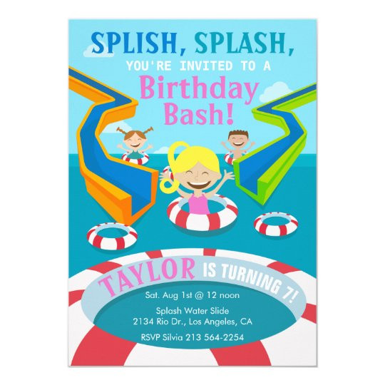 Swimming Birthday Party Invitations
 Water Park Girl Swimming Birthday Party Invitation