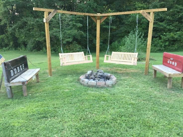 Swinging Bench Fire Pit
 Double swing and tailgate benches around our fire pit