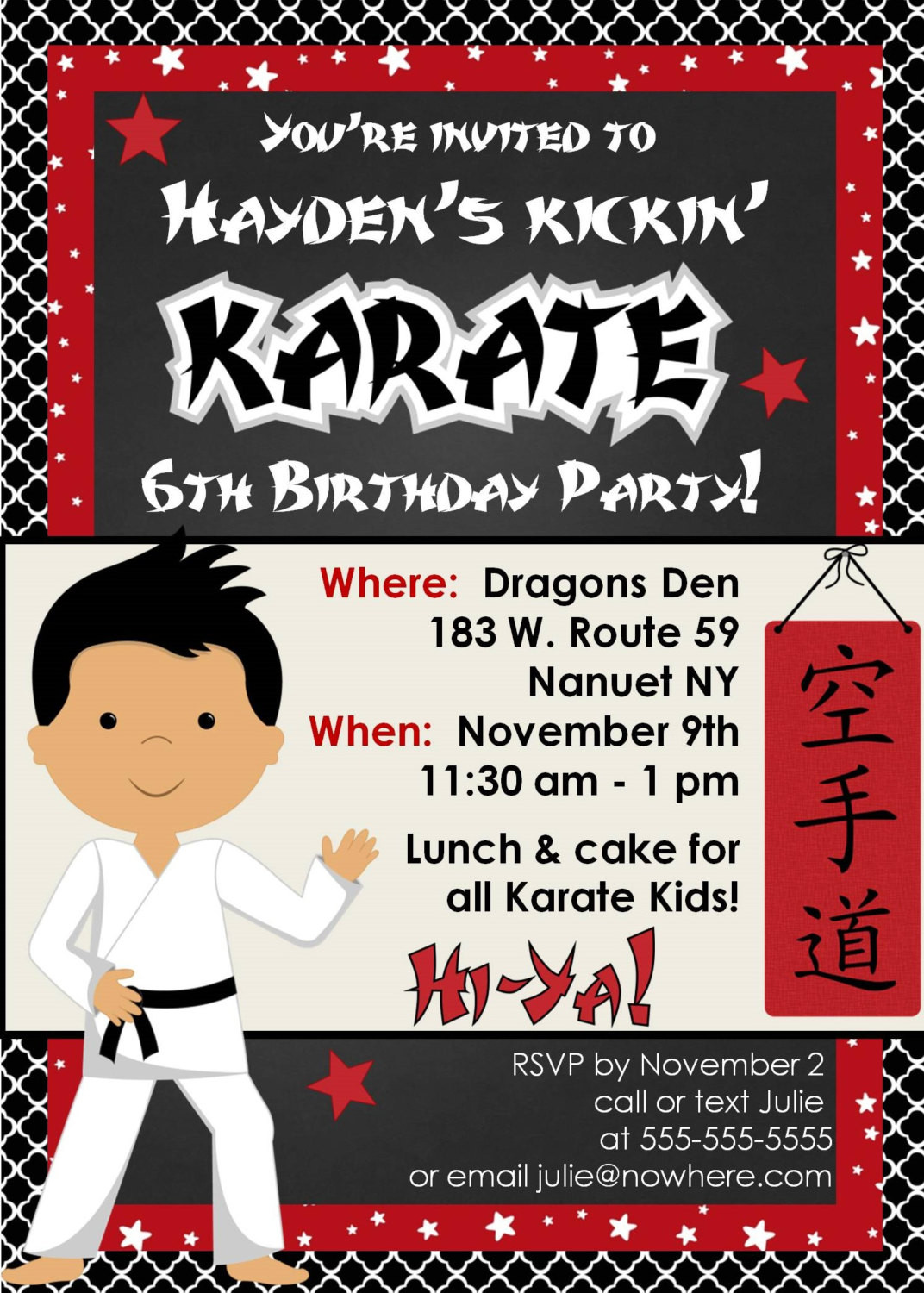 Taekwondo Birthday Party
 Karate Birthday Party Invitation Customized