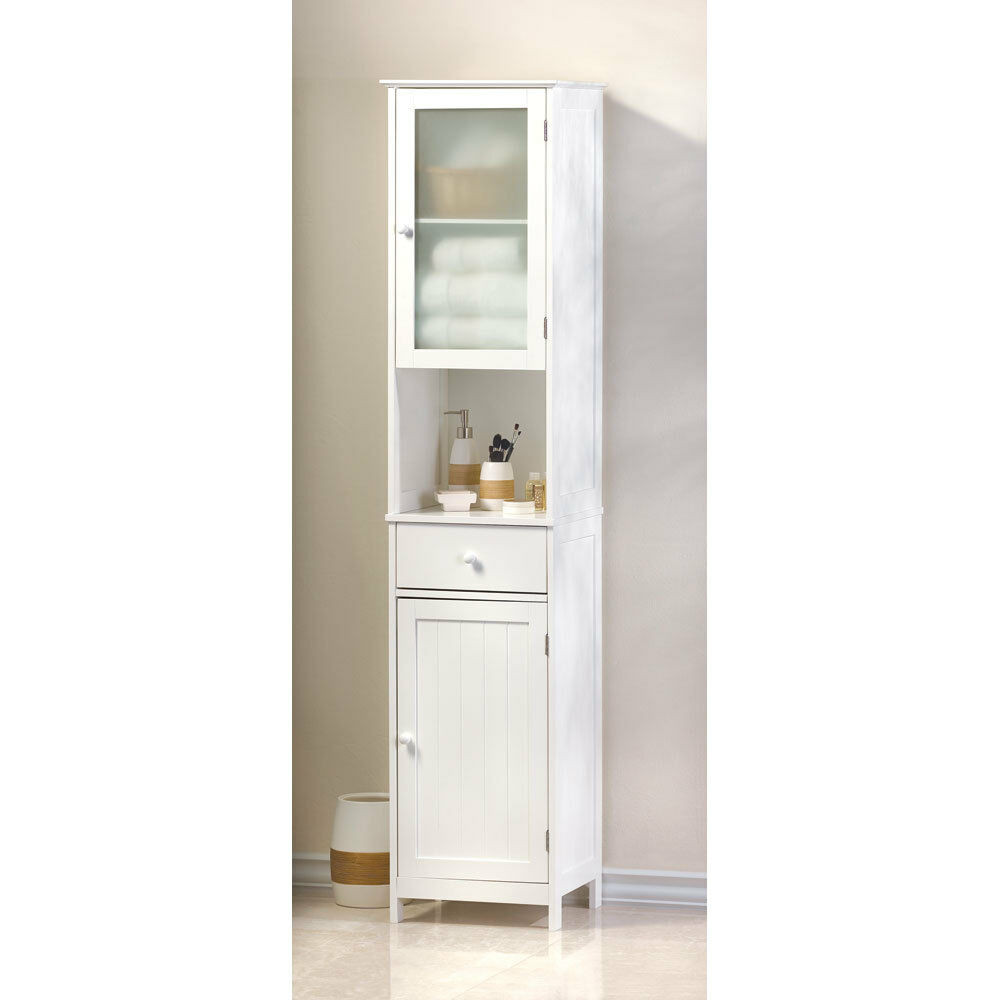 Tall White Kitchen Storage Cabinet
 70 7 8” TALL LAKESIDE WHITE WOOD TALL STORAGE CABINET