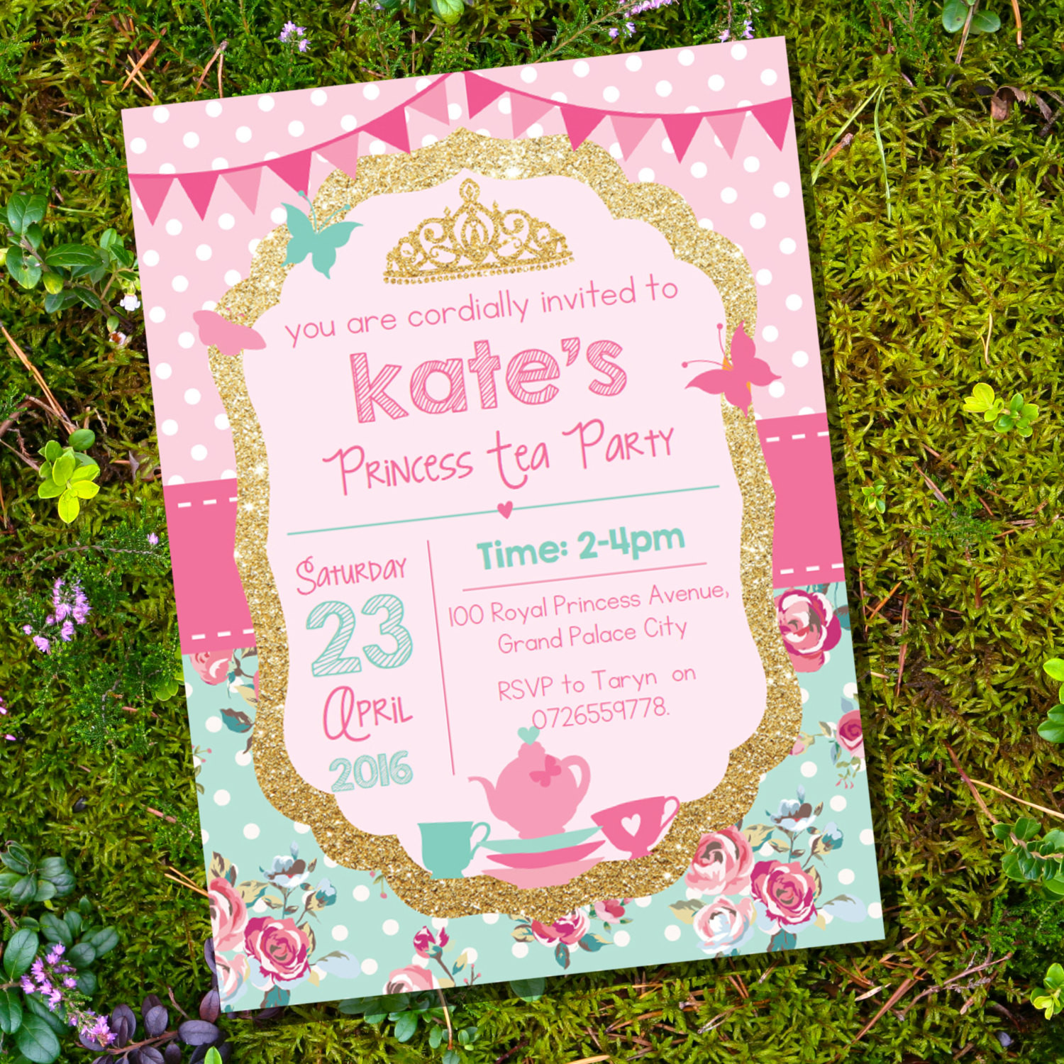 Tea Party Birthday Invitation
 Princess Tea Party Invitation Pink and Gold Glitter Shabby