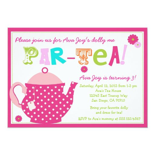 Tea Party Birthday Invitation
 Tea Party Birthday Invitation for Girls and Dolly