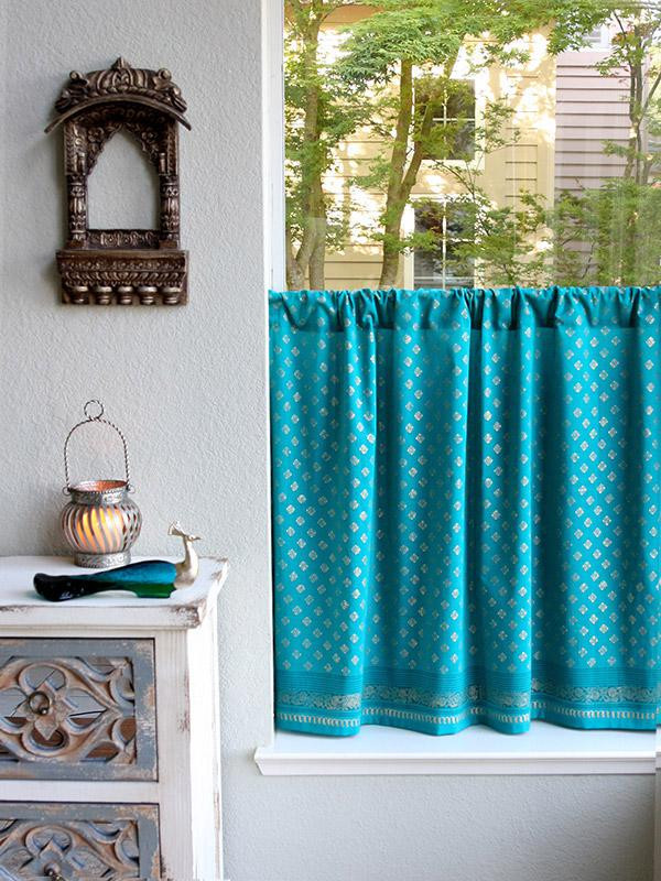 Teal Kitchen Curtains
 Indian Sari kitchen curtain Turquoise Gold