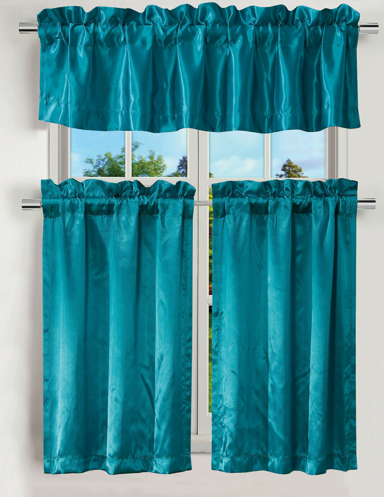 Teal Kitchen Curtains
 LUXURY 3PC KITCHEN CURTAIN TEAL SATIN COLOR CURTAIN